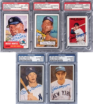 1982-1995 Topps And Assorted Brands Mickey Mantle & Joe DiMaggio PSA/DNA-Graded Signed Card Collection (5 Different) - PSA/DNA Authentic